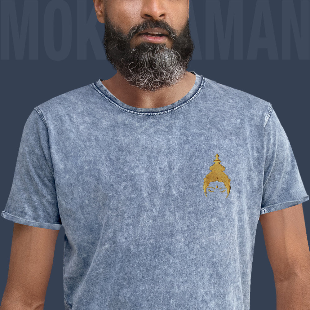 "MOKSHAMAMA'S" Denim-T-Shirt, gold bestickt