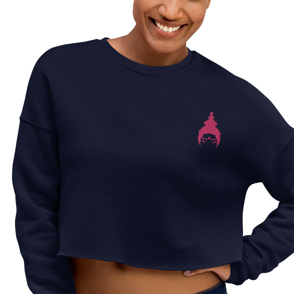 "STELLA" Crop Sweater in Navy, bestickt in Flamingo