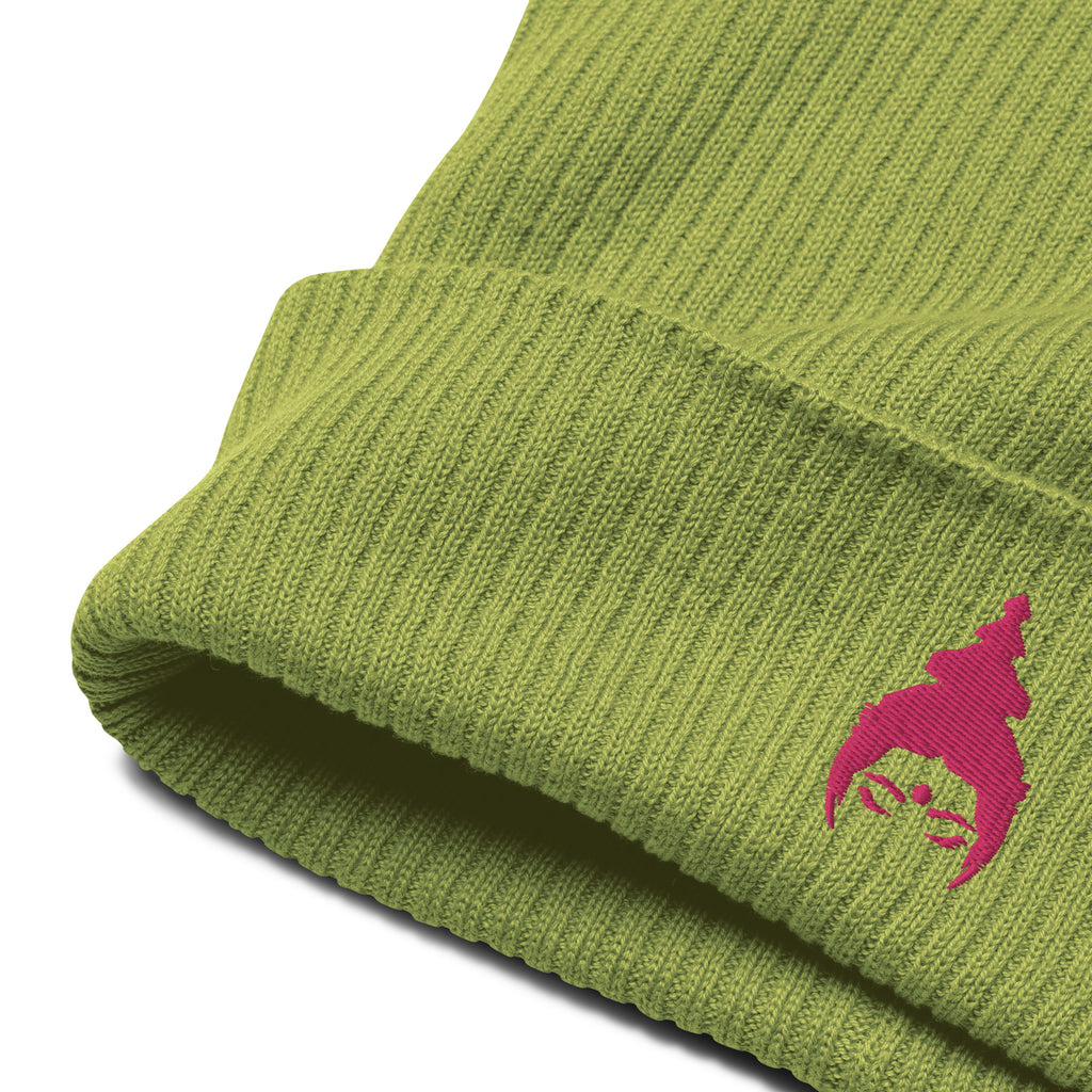 „MOKSHAMAMA‘S BIOBEANIE“ gerippte Mütze aus Bio-Baumwolle, Pink bestickt
